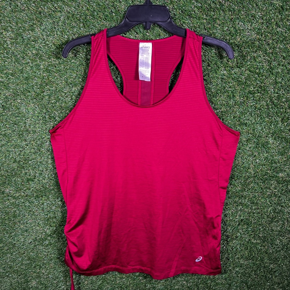 Asics Womens XL Red Striped Racerback Athletic Tank Top Mesh Back Side‎ Cinch
